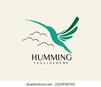 simple abstract flying hummingbird with cloud background logo icon symbol design template illustration inspiration