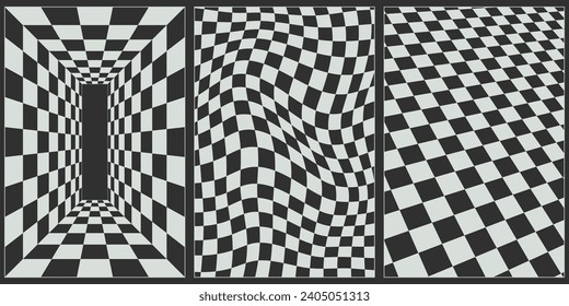 Simple abstract geometric black and white checkerboard grid backgrounds. Futuristic, retro, psychedelic, cyberpunk, or Y2k style pattern for poster element. Vector illustration