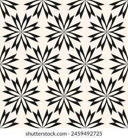 Simple abstract geometric floral seamless pattern. Minimal black and white texture with big flower silhouettes. Stylish monochrome vector background. Repeated geo design for decor, print, textile