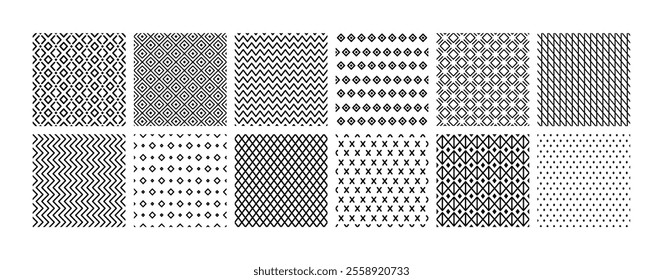 Simple abstract geometric line seamless patterns. Minimalist backgrounds with zigzag lines, linear hatch grids and diamond shapes. vector collection.