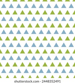 It is a simple, abstract, geometric and modern design background with a triangle shape pattern in a combination of green and blue. Pattern graphic used for wallpaper, tile, fabric, textile, interior.