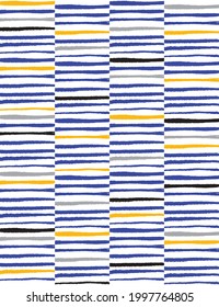 Impresión geométrica abstracta simple con franjas irregulares azules, grises y amarillas en un fondo blanco. Patrón de vectores sin soldadura de estilo Infantil dibujado a mano con líneas blancas. Gracioso Diseño Repetible Y Moderno.