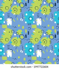 Simple Abstract Geometric Print with Irregular Brush Spots on a Light Blue Background. Cute Hand Drawn Seamless Vector Pattern with White, Blue, Black and Green Elements. Repeatable Modern Print.