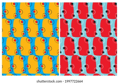 Simple Abstract Geometric Print with Irregular Circles and Dots on a Blue Background.Hand Drawn Infantile Style Seamless Vector Pattern with Red, Black, Yellow and White Spots.Modern Repeatable Print.