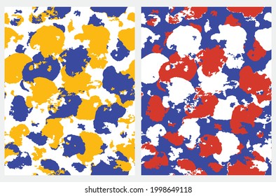 Simple Abstract Geometric Print with Irregular Brush Spots on a White and Blue Background. Grunge Hand Drawn Seamless Vector Pattern with Blue, Red and Yellow Stains. Repeatable Modern Print.