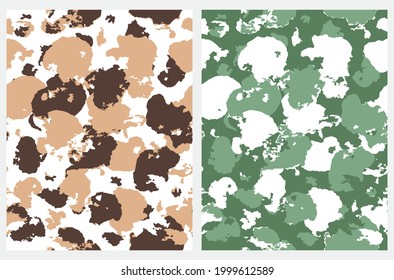 Simple Abstract Geometric Print with Irregular Brush Spots on a White and Green Background. Grunge Hand Drawn Seamless Vector Pattern with Brown and Green Stains. Repeatable Modern Print.