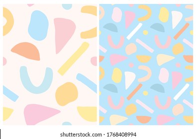 Simple Abstract Geometric Seamless Vector Patterns. Light Pink, Pastel Blue, Pale Yellow Irregular Dots, Stripes, Triangles, Semicirles Isolated on a White and Blue Backgrounds. Infantile Style Print.