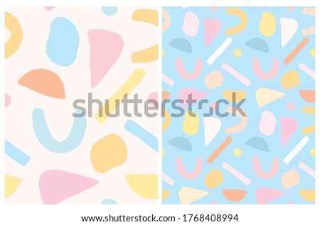 Simple Abstract Geometric Seamless Vector Patterns. Light Pink, Pastel Blue, Pale Yellow Irregular Dots, Stripes, Triangles, Semicirles Isolated on a White and Blue Backgrounds. Infantile Style Print.