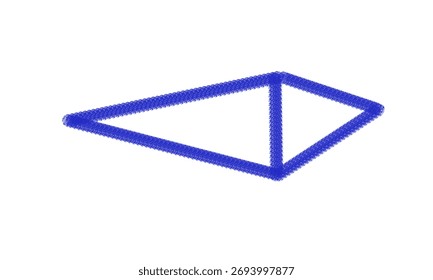 Uma forma geométrica simples e abstrata formada por linhas azuis sobre um fundo branco, representando um triângulo estilizado ou prisma.