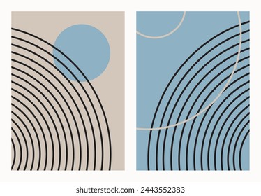 Simple abstract geometric shapes. Modern boho minimalist art. Simple figures and lines in Zen style. For wall decor, card, cover, branding.