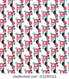 Simple Abstract Geometric Vector Pattern. Retro Bauhaus Style Vector Design. Blue, Red and Black Geometric Elements on a White Background. Bright Seamless Repeatable Geometric Vector Pattern.