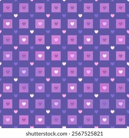 Simple abstract geometric vector seamless pattern featuring evenly spaced hearts and pink squares on a purple background, creating a modern minimalist grid design. Nice for Valentine Day projects.