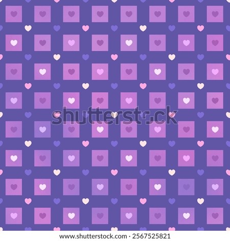 Simple abstract geometric vector seamless pattern featuring evenly spaced hearts and pink squares on a purple background, creating a modern minimalist grid design. Nice for Valentine Day projects.