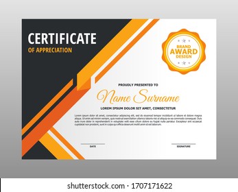 Simple Abstract Geometric Yellow Orange Certificate Design, Professional Modern Certificate Template Vector