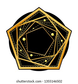 Simple abstract golden geometric shape from intersecting lines. Pentagon on black circle. Decorative element for graphic design, symbol, logo. Isolated on white background. Eps10 vector illustration.