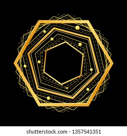 Simple abstract golden geometric shape from intersecting lines, hexagon. Decorative element for graphic design, symbol, logo. Isolated on black background. Eps10 vector illustration.