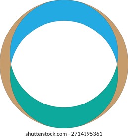 Un gráfico abstracto simple con una forma circular compuesta de segmentos superpuestos o adyacentes en colores brillantes cian y verde, enmarcado por un delgado contorno marrón, todo sobre un fondo blanco puro