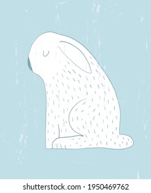 Simple Abstract Grunge Print with Funny Bunny. Cute Nursery Vector Art ideal for Card, Wall Art, Baby Girl Room Decoration. White Hand Drawn Rabbit Isolated on a Light Blue Background.
