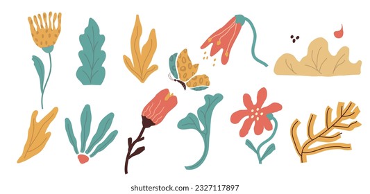 Simple abstract hand drawing of various shapes, patterns. Nature botanical flowers, leaves, objects, modern fashion elements. for print, banner, card, social networks. vector art illustration.