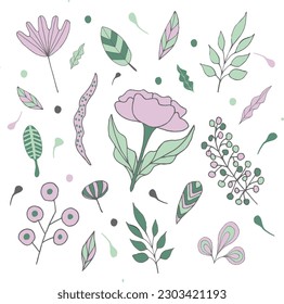 Dibujos abstractos simples a mano de varias formas y garabatos. Flores y hojas de naturaleza botánica. Elementos de ilustración vectoriales suaves de color rosa y verde.Dibujado a mano.