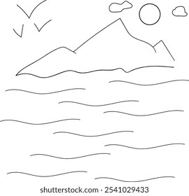 Simple abstract hand drawn art, landscape of a ocean with mountains, waves, birds and sun with clouds, nature lover, travel concept, exploration and wander lust, minimalist art, drawing for education