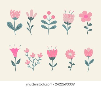Simple Abstract hand drawn doodle botanical flowers and leaves.