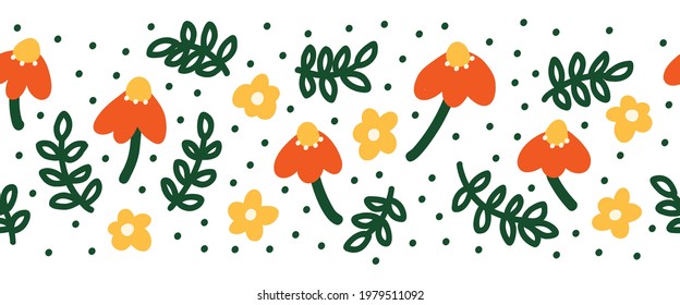 Simple Abstract hand drawn flowers and doodle leaves seamless border. Botanical Nature flowers and Leaves contemporary modern trendy Scandinavian vector Elements illustration for banner, trim, footer.