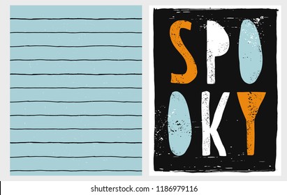 Simple Abstract Hand Drawn Halloween Vector Card and Pattern. Spooky Handwritten Grunge Letters on a Black Layout. Tiny Black Vertical Lines on a Blue Background. Grunge Style Halloween Vector Art.