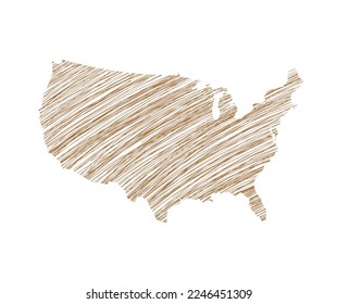 Simple Abstract Hand Drawn Map of America. Vector Illustration with Part of North America Continent ideal for Card, Poster, Wall Art. Brown Sketched USA Map made of Lines on a White Background.