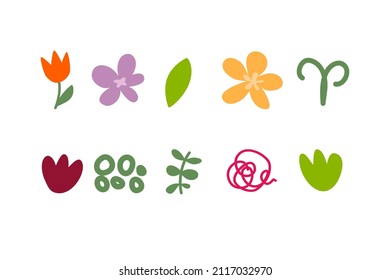 Sencillo dibujo a mano abstracto de varias formas y doodles Naturaleza botánica flores y deja objetos de diseño moderno elementos de moda ilustración vectorial aislados en fondo blanco.