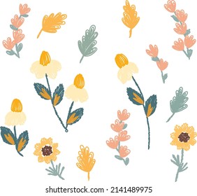 Simple Abstract hand drawn various shapes and doodle Botanical Nature flowers and Leaves objects Wedding concept - flowers. Floral poster, invite. vector Elements illustration