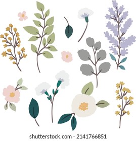 Einfache Abstrakte handgezeichnet verschiedene Formen und doodle botanische Natur Blumen und Blätter Symbol Hochzeit Konzept - süße Blumen. Blumenposter, lade ein. Vektorgrafik
