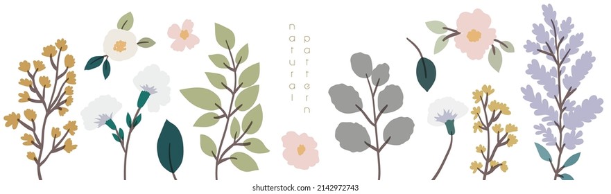 Einfache Abstrakte handgezeichnet verschiedene Formen und doodle botanische Natur Blumen und Blätter Symbol Hochzeit Konzept - süße Blumen. Blumenposter, lade ein. Vektorgrafik-Hintergrund