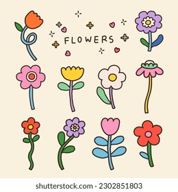 Resumen sencillo dibujado a mano varias formas y doodle Flores de la naturaleza botánica y hojas objetos contemporáneos kawaii moderna ilustración vectorial Elements.