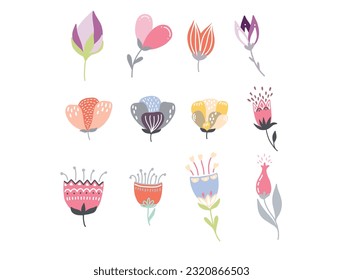 Simple Resumen dibujado a mano varias formas y doodle Naturaleza Botánica flores y hojas objetos contemporáneos modernos vectores Ilustración de elementos. Dibujé flores y hojas que van.