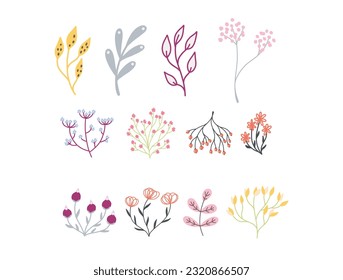 Simple Abstract hand drawn various shapes and doodle Botanical Nature flowers and Leaves objects contemporary modern trendy vector Elements illustration.I drew flowers and leaves that go .