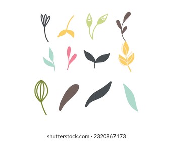 Simple Abstract hand drawn various shapes and doodle Botanical Nature flowers and Leaves objects contemporary modern trendy vector Elements illustration.I drew flowers and leaves that go .