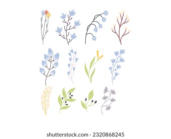 Simple Abstract hand drawn various shapes and doodle Botanical Nature flowers and Leaves objects contemporary modern trendy vector Elements illustration.I drew flowers and leaves that go .