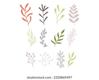 Simple Abstract hand drawn various shapes and doodle Botanical Nature flowers and Leaves objects contemporary modern trendy vector Elements illustration.I drew flowers and leaves that go .