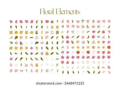 Simple abstract hand drawn various shapes and doodle botanical nature flowers and leaves objects contemporary modern trendy vector elements illustration. Modern organic floral set. Spring collection