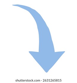 A simple abstract hand-drawn blue curved arrow pointing to the right and down on a white background. Direction symbol. Arrow symbol for app, UI, web. Vector illustration