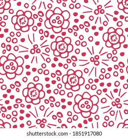 Simple abstract hand-drawn floral vector seamless pattern. Red flowers, dots, small circles on a white background. For prints of fabric, packaging, textile products, paper.