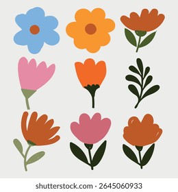 Simple abstract hand-drawn flowers set, and Nature botanical flowers and leaves modern design..