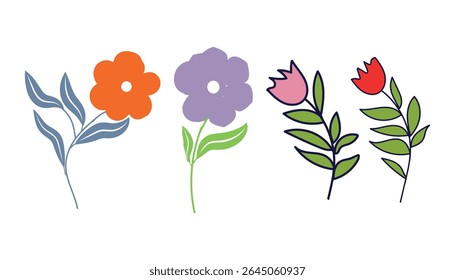 Conjunto abstracto simple de flores dibujadas a mano, y Naturaleza de flores botánicas y hojas de diseño moderno..