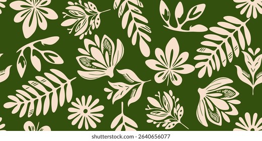 Simple Abstract hand-drawn various shapes and doodle Botanical Nature flowers and leaves seamless pattern modern trendy vector illustration. Ideal for textile design, fabric printing, wallpaper, deco