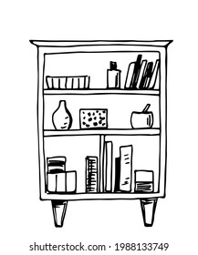 Simple abstract hand-drawn vector black outline drawing. Home interior, wardrobe with shelves, piece of furniture. Ink sketch.
