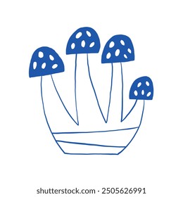 Simple and abstract illustration of blue mushrooms with polka dots, drawn on a clean white background. Perfect for creative designs and unique art projects