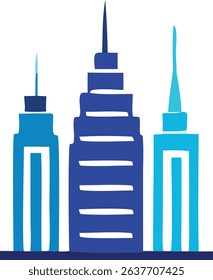 A simple, abstract illustration depicts three buildings of varying heights and designs in shades of blue, suggesting a modern city skyline.