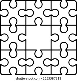 A simple, abstract illustration of a square jigsaw puzzle composed of interlocking pieces, with a central empty space.