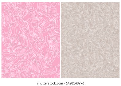 Simple Abstract Irregular Circles Vector Patterns. White Irregular Rounnd Shape Elements on a Pink and Light Brown Backgrounds. Funny Hand Drawn Geometric Repeatable Vector Design. 